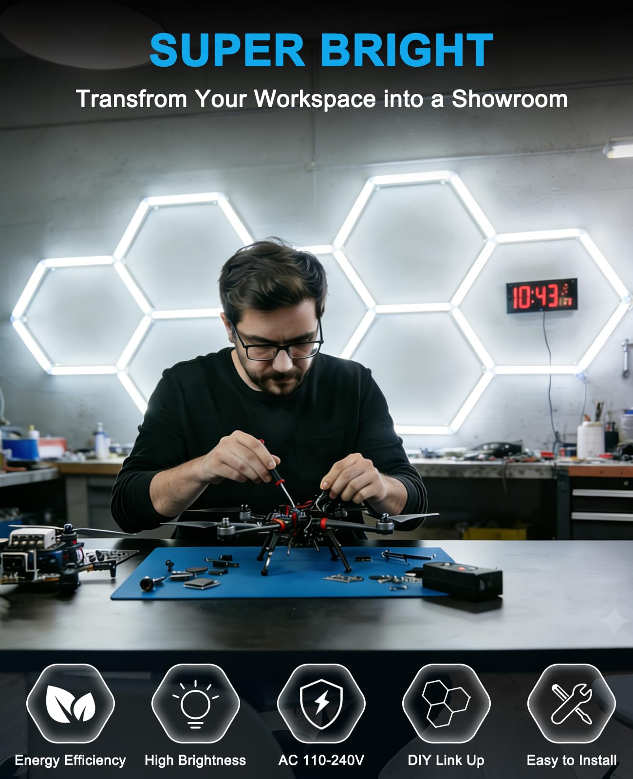 Pomelotree hexagon LED lights ceiling-grid demonstrates even lighting for workspaces