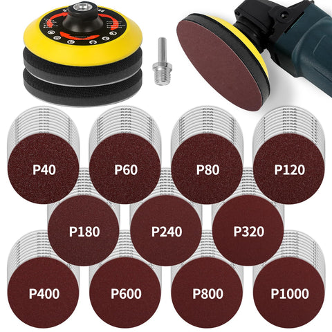 Pomsare 114PCS kit with angle grinder discs for versatile metal and wood finishing.