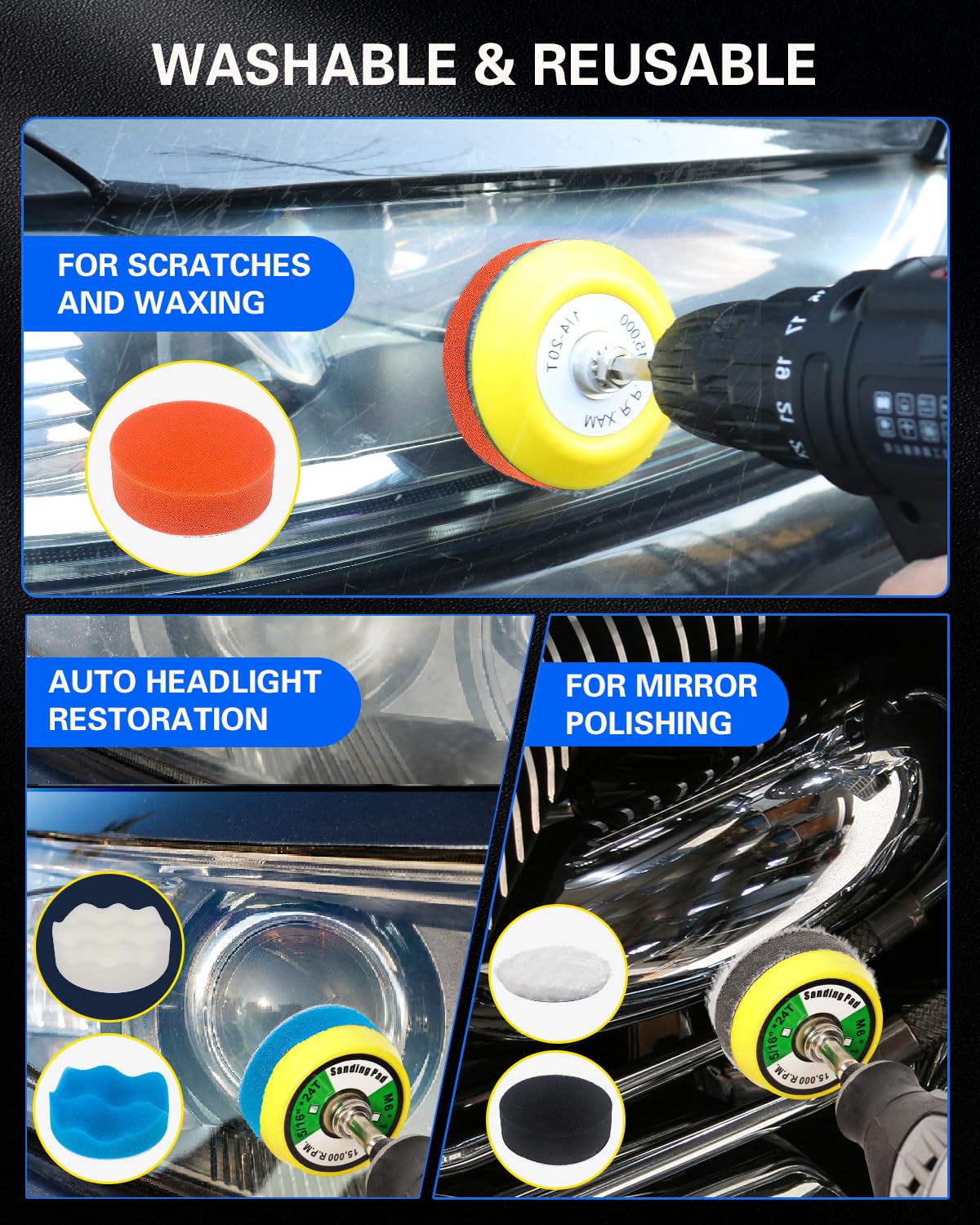 Pomsare color-coded buffing pads for quick spot cleaning and finish