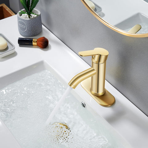 PONAFOU brushed gold faucet handle closeup showing smooth single-handle operation and easy control.