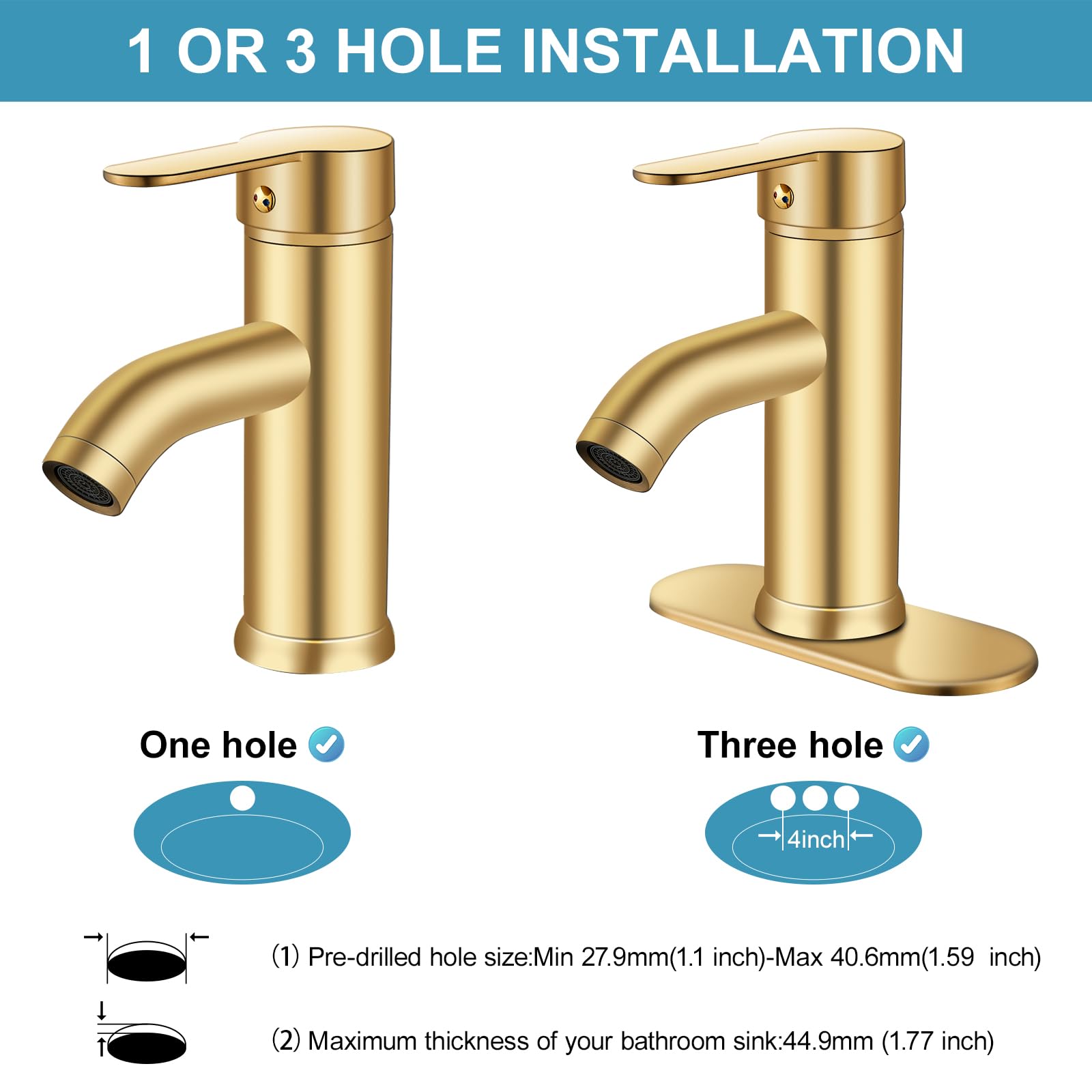 PONAFOU brushed gold bathroom faucet installation kit image with pop-up drain and hoses.