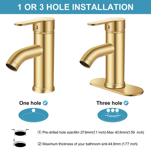PONAFOU brushed gold bathroom faucet installation kit image with pop-up drain and hoses.
