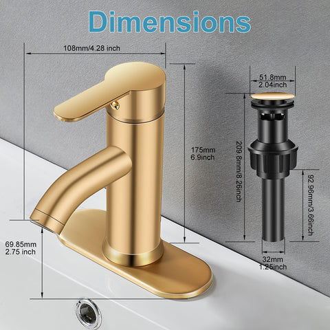 PONAFOU brushed gold faucet closeup on one- or three-hole deck highlighting flexible mounting options.