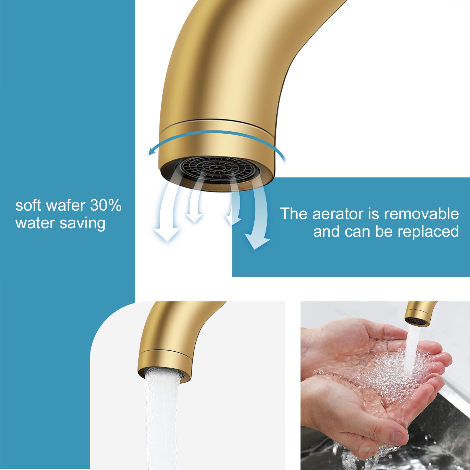 PONAFOU brushed gold faucet with pop-up drain showcased for effortless deck-mount installation.
