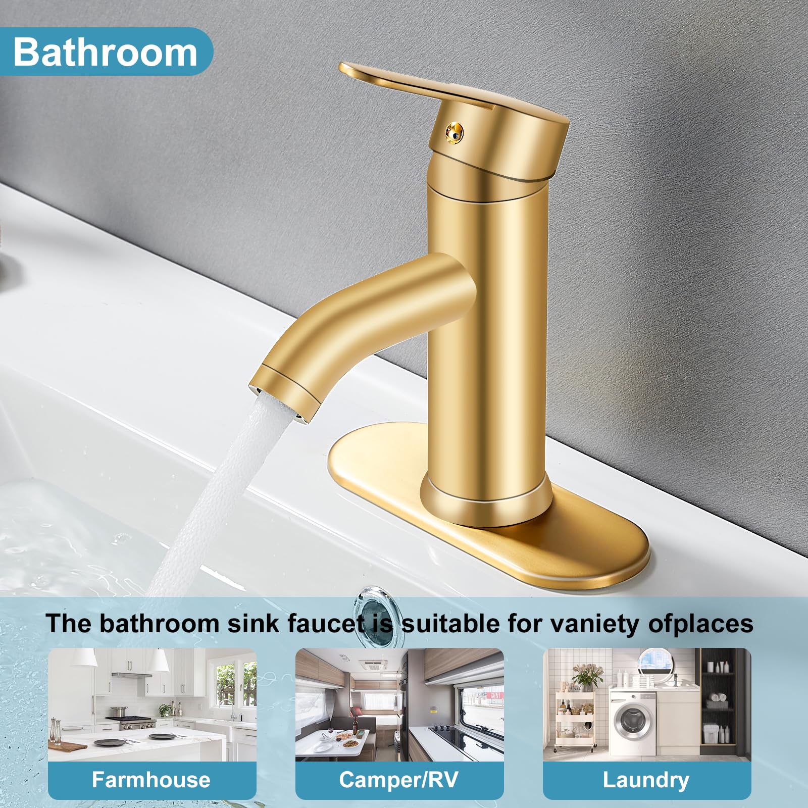 PONAFOU brushed gold bathroom faucet over vanity demonstrates modern style fit for any decor.