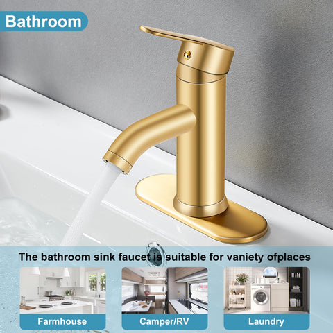 PONAFOU brushed gold bathroom faucet over vanity demonstrates modern style fit for any decor.