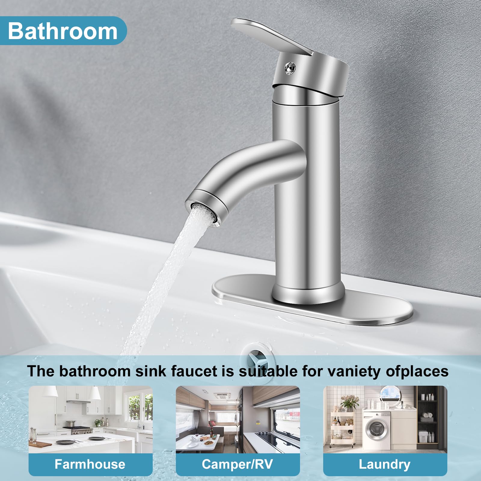 PONAFOU brushed nickel bathroom faucet with single-handle control for precise temperature.