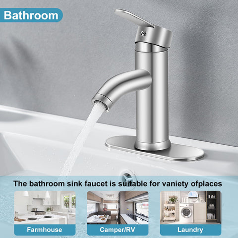 PONAFOU brushed nickel bathroom faucet with single-handle control for precise temperature.