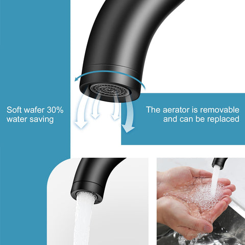 PONAFOU matte-black vanity faucet side view shows sleek, space-saving design