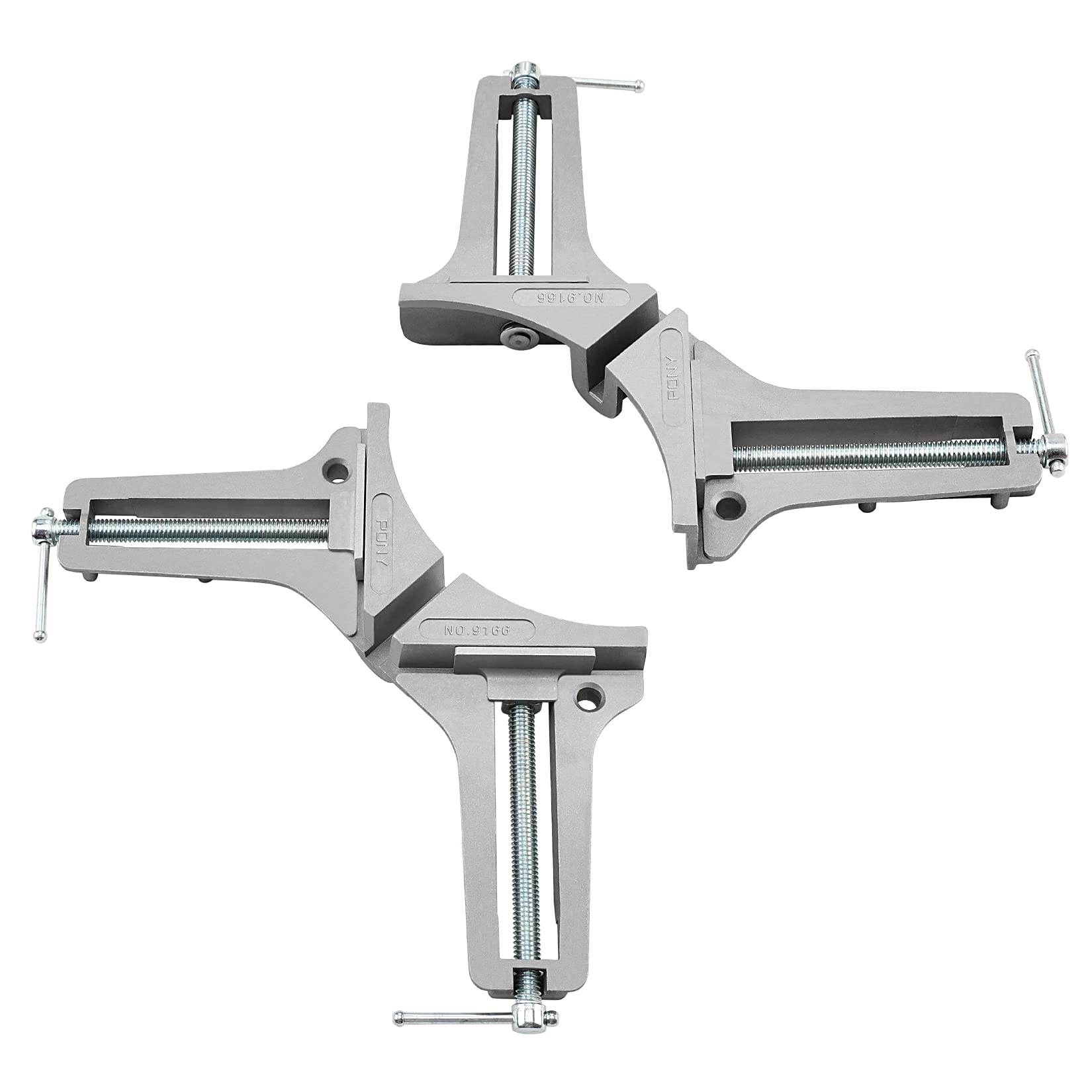 PONY 2-piece 90-degree corner clamp set with 3-inch opening for precise joints.