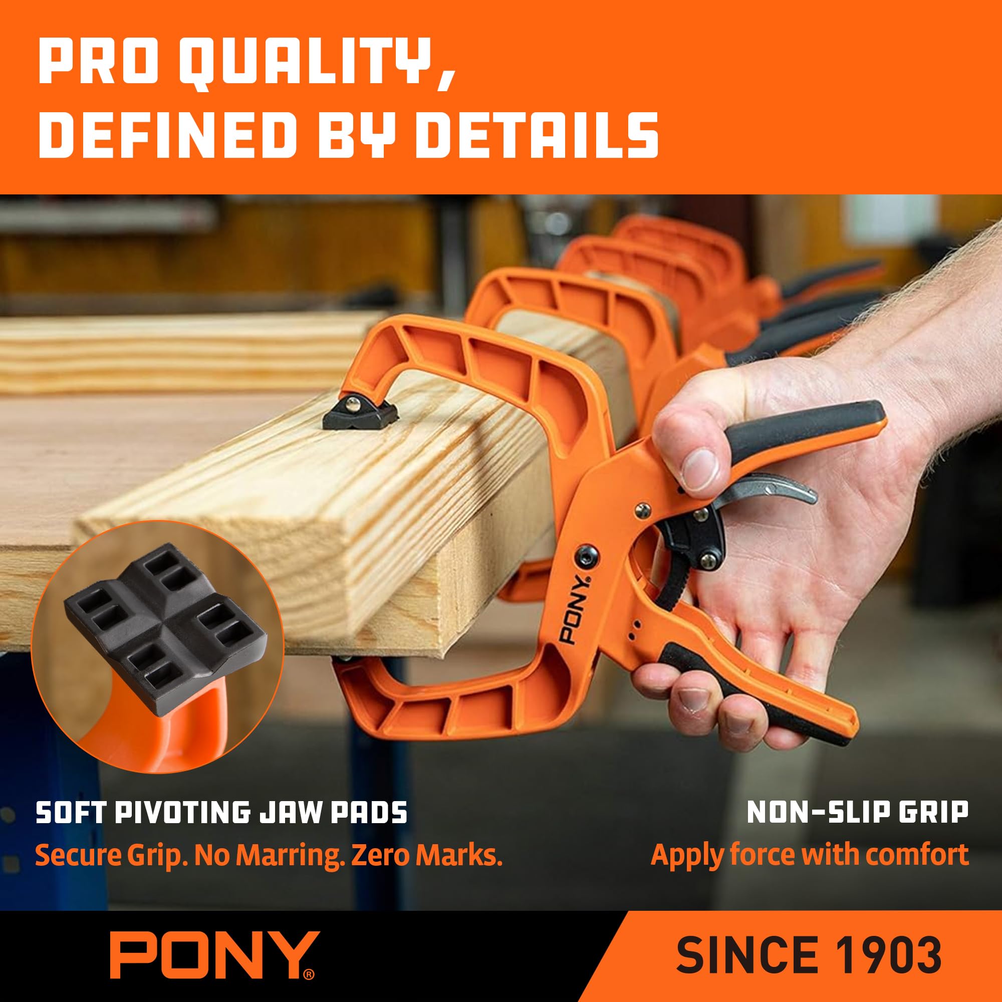 PONY 4-inch jaw width and 3-11-32 inch throat depth support versatile clamping angles.