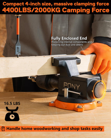 PONY bench vise with built-in anvil surface for metal shaping.