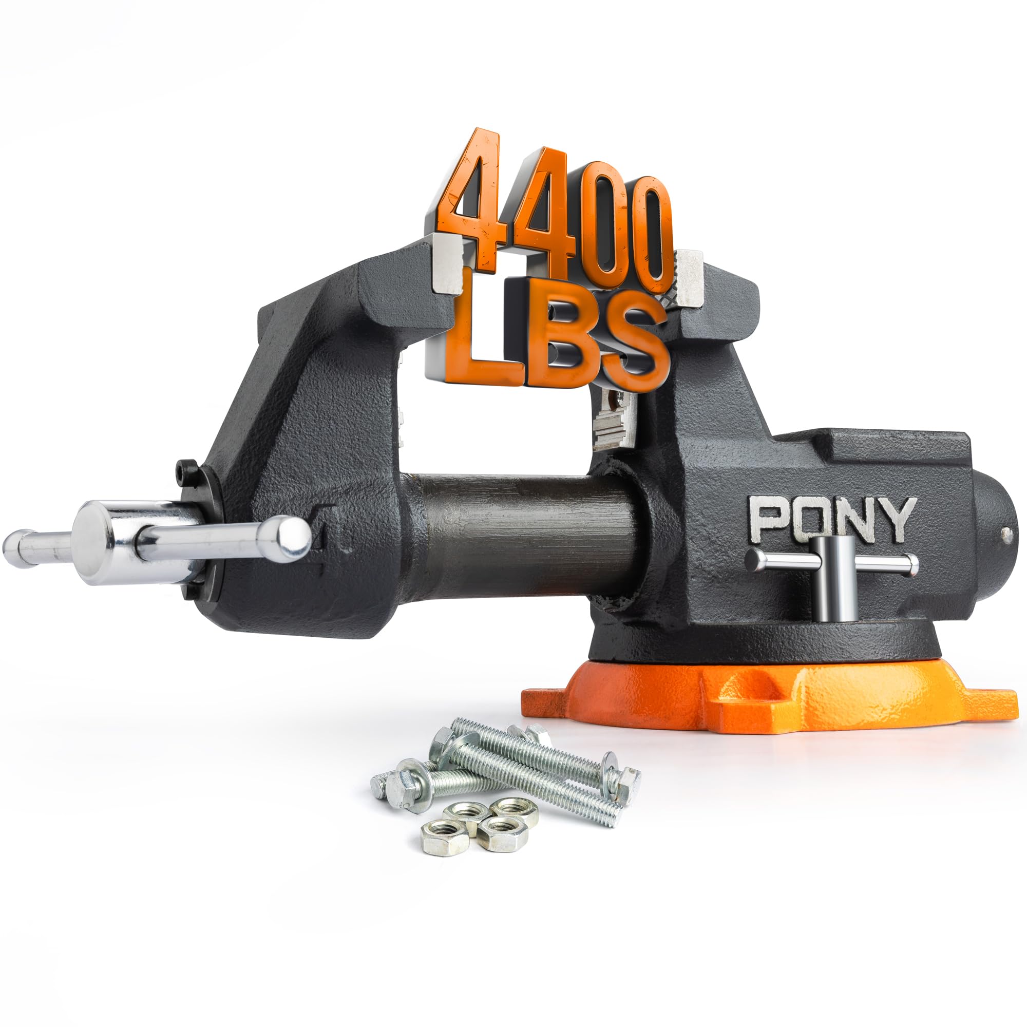 PONY 4-inch heavy-duty bench vise with rotatable base for versatile clamping.