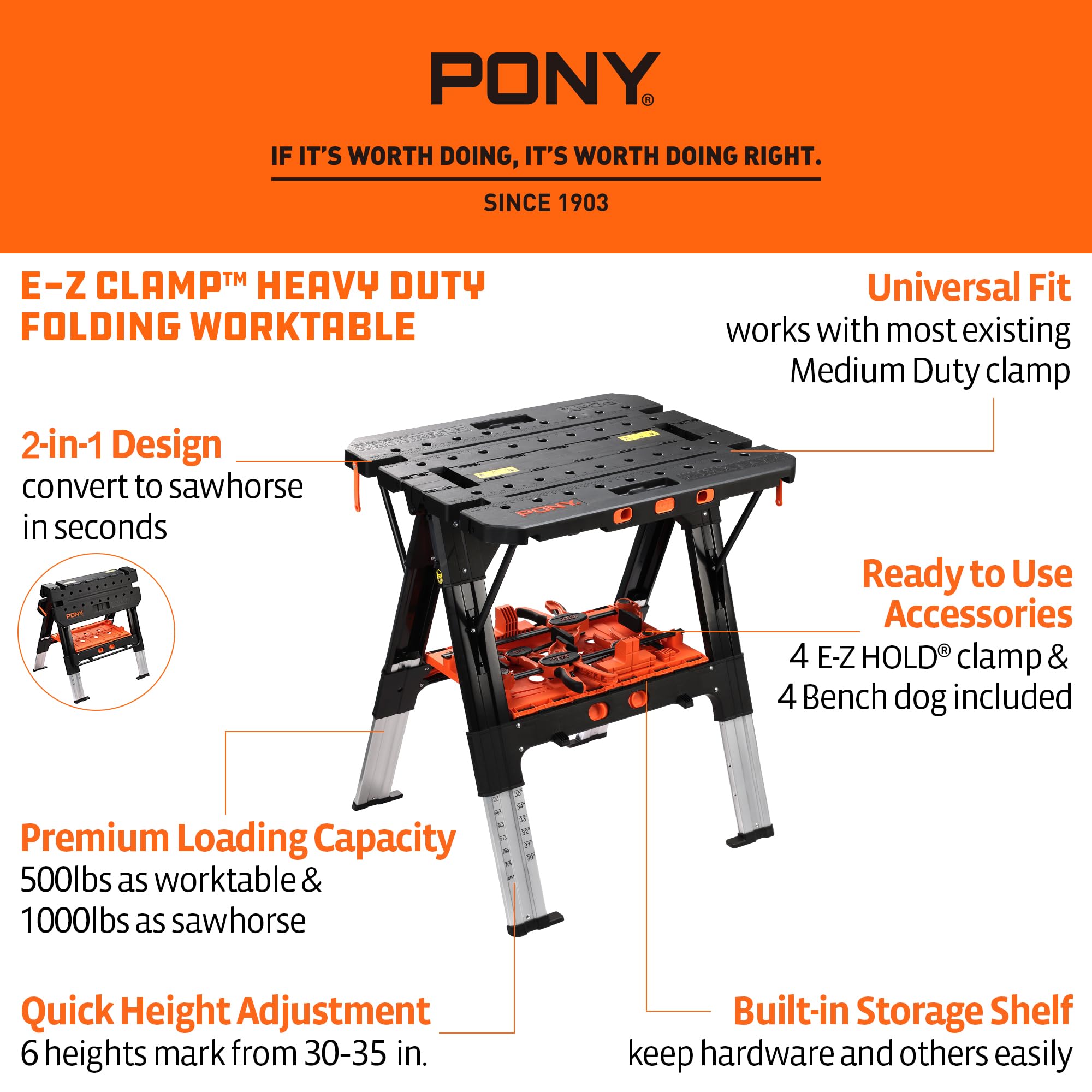 PONY adjustable height 30-35 inches for comfortable use at different work levels.