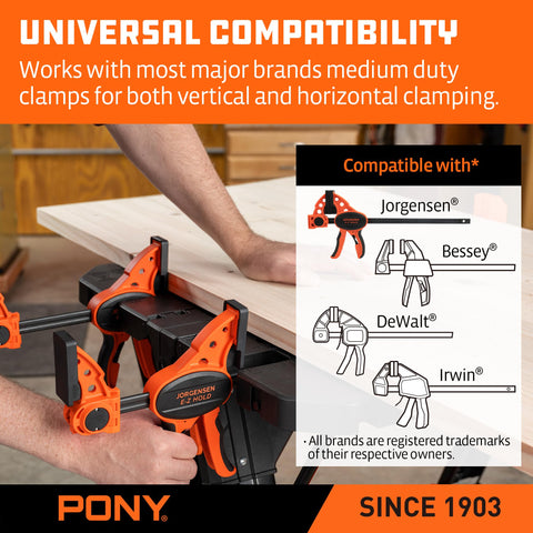 PONY bench dogs and clamps assist precise fastening on different surfaces.