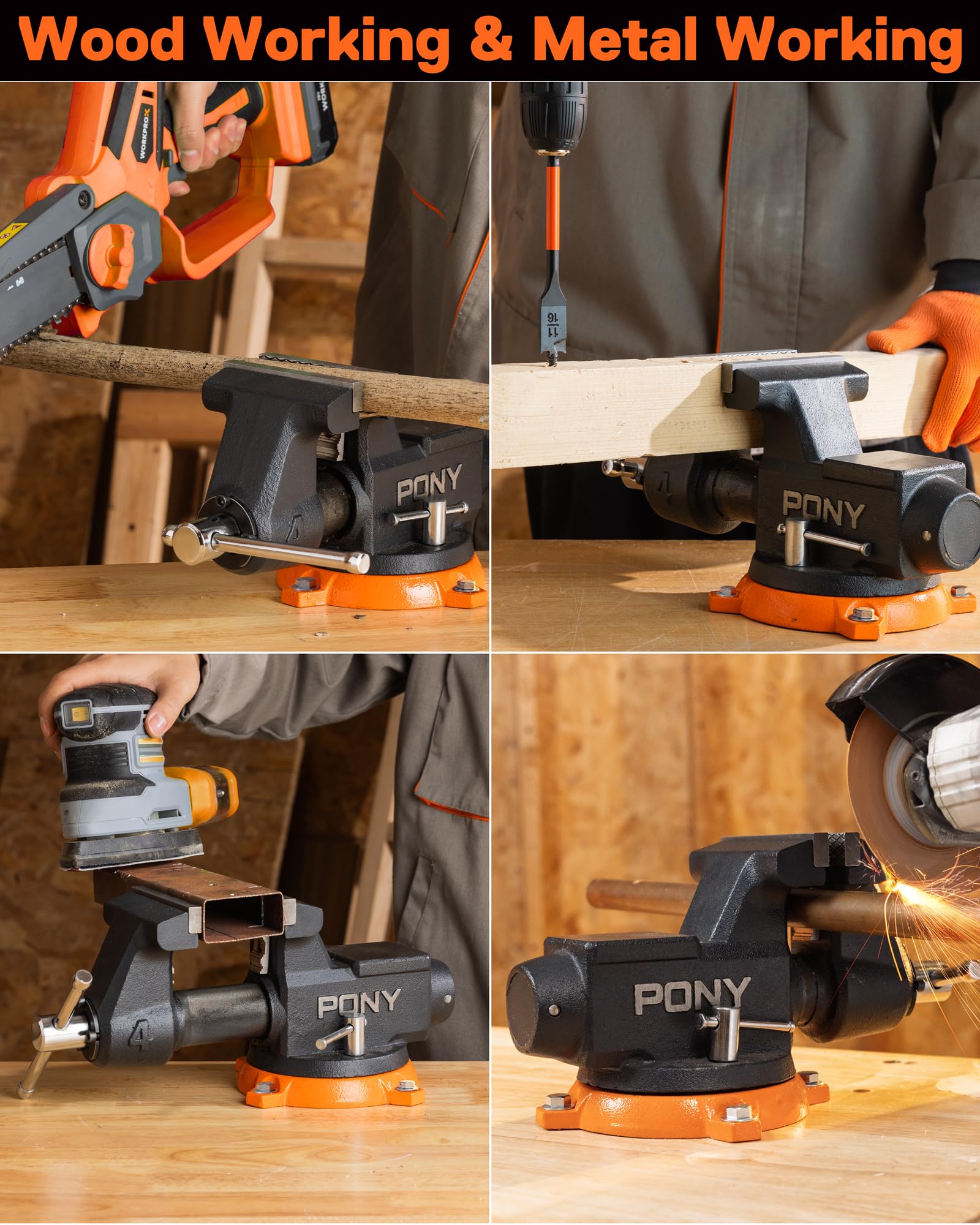 PONY bench vise suitable for woodworking and metalworking in shop settings.
