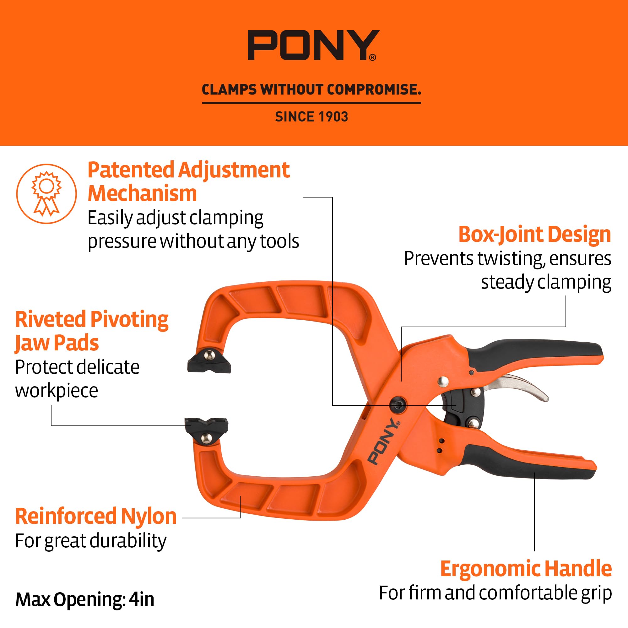 PONY clamps with double-row teeth enable precise pressure control during projects.