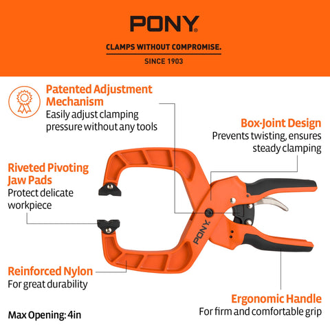 PONY clamps with double-row teeth enable precise pressure control during projects.