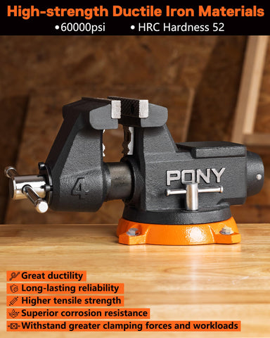 Dustproof PONY bench vise with round guide bar for smooth operation.