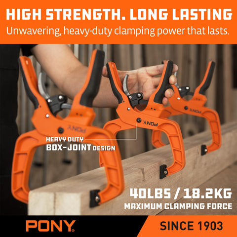 PONY ergonomic handles and rotating jaw pads protect surfaces during clamping.
