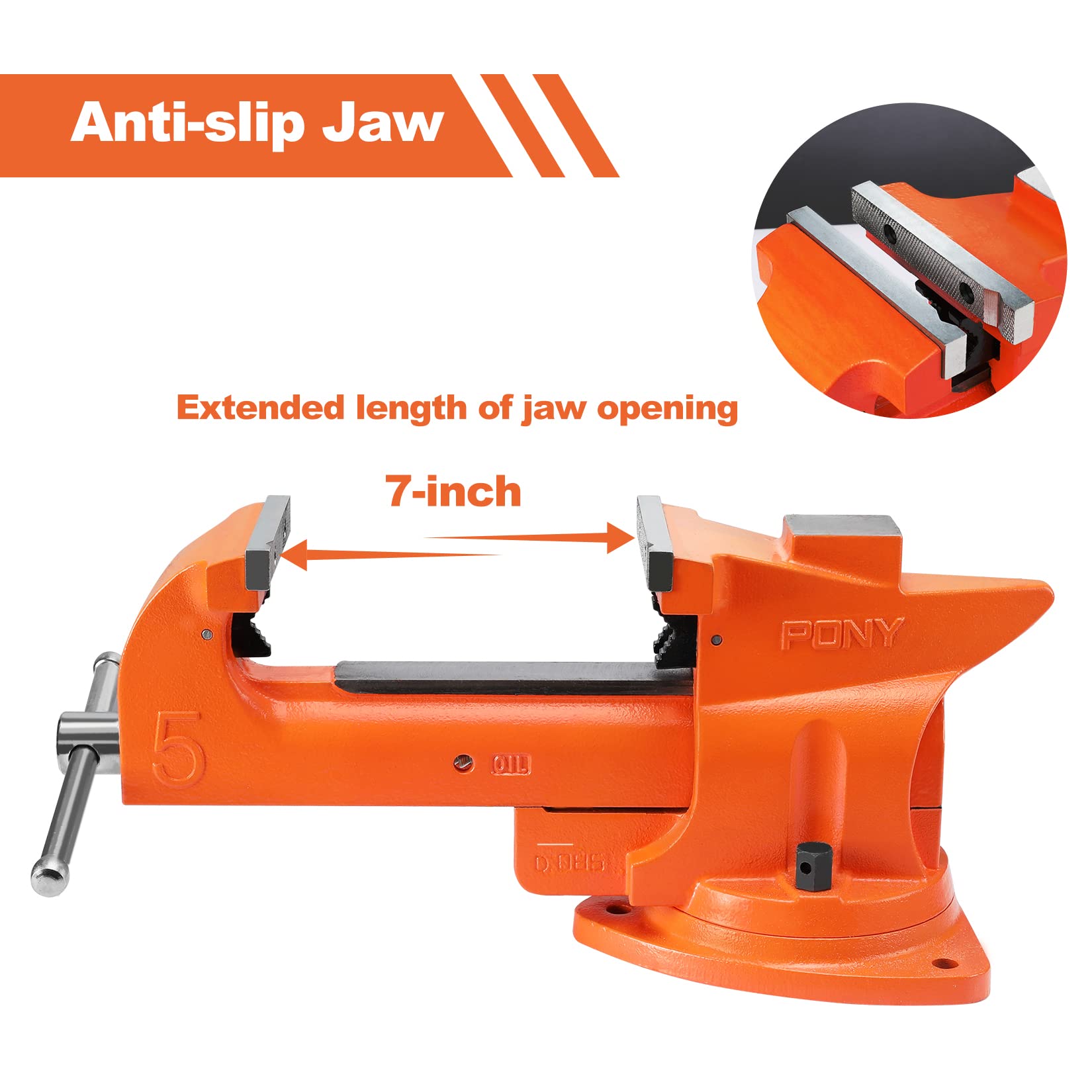PONY bench vise shows 7-inch opening for pipes and tubes