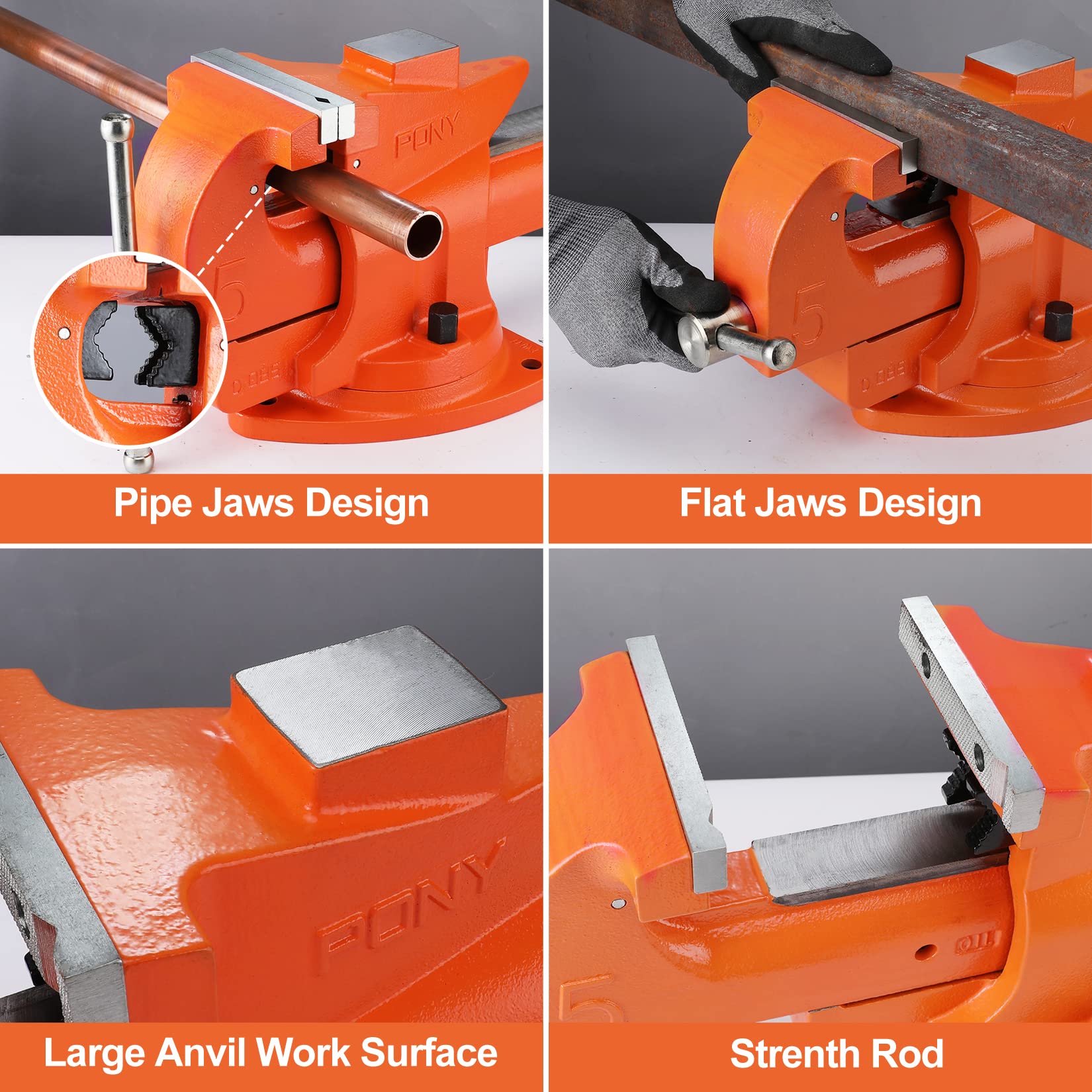 PONY bench vise with three fixed mounting tabs for stable installation