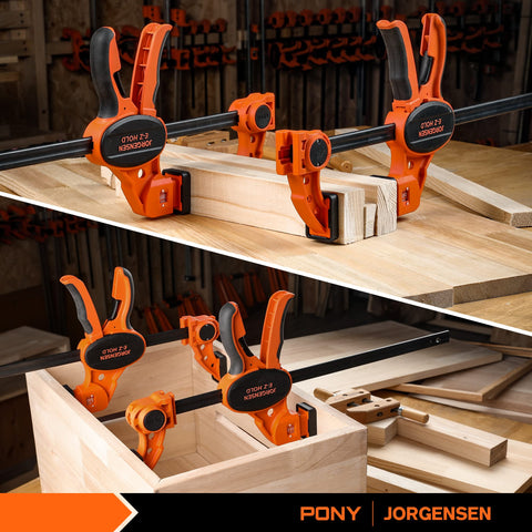 PONY Jorgensen bar clamp in a woodworking project demonstrating medium-duty reliability.
