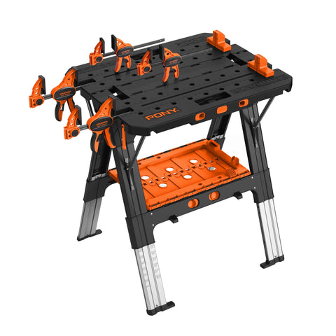 PONY portable folding work table front view with stable clamps for quick setup.