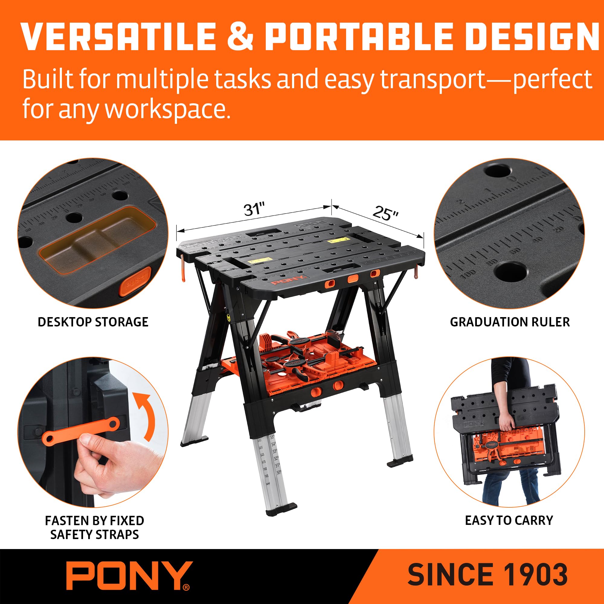 PONY portable workstation fits in garage or at outdoor job sites.