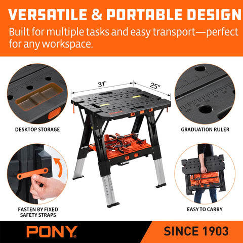 PONY portable workstation fits in garage or at outdoor job sites.