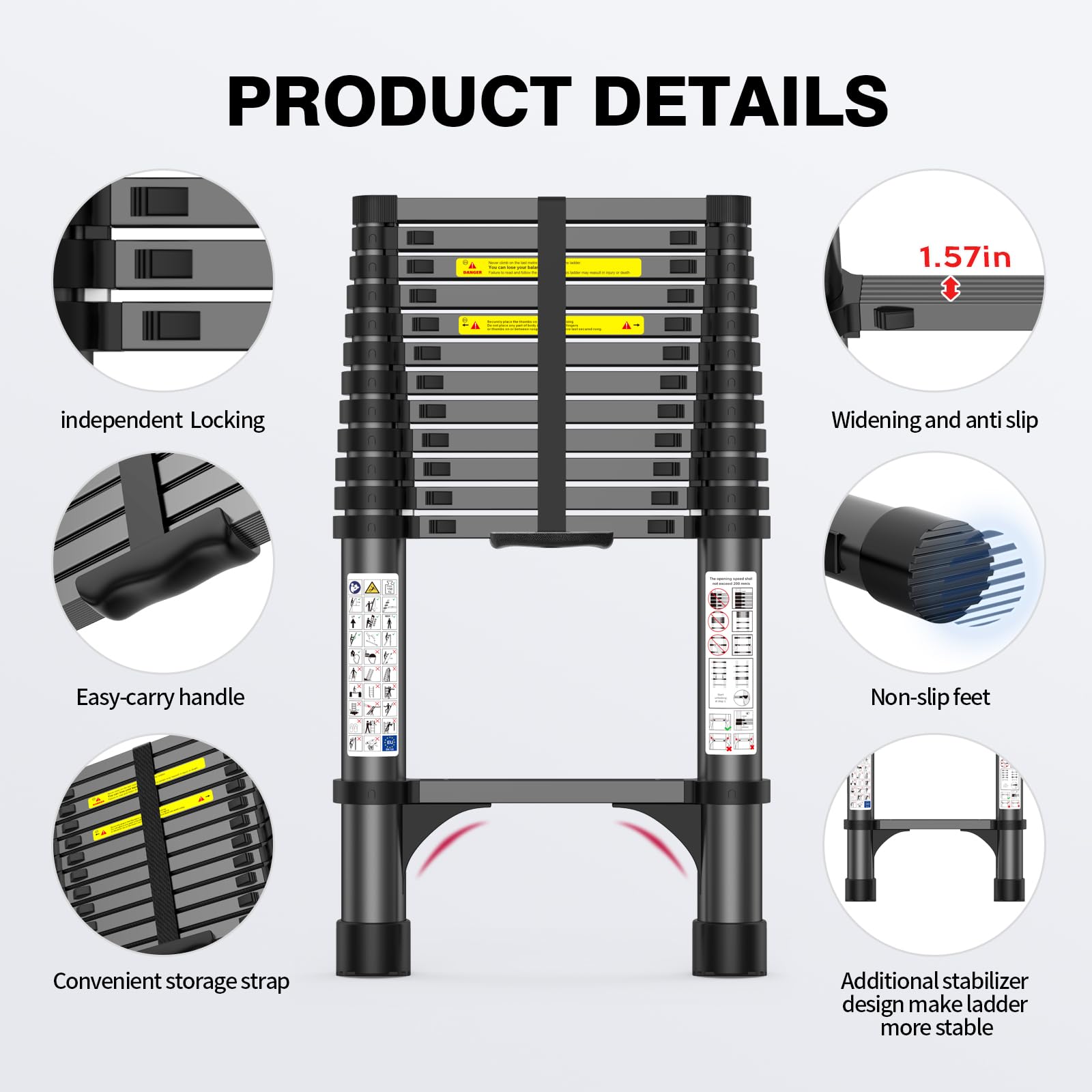 POONO wide rungs 1.56 inches offer comfortable standing surface.