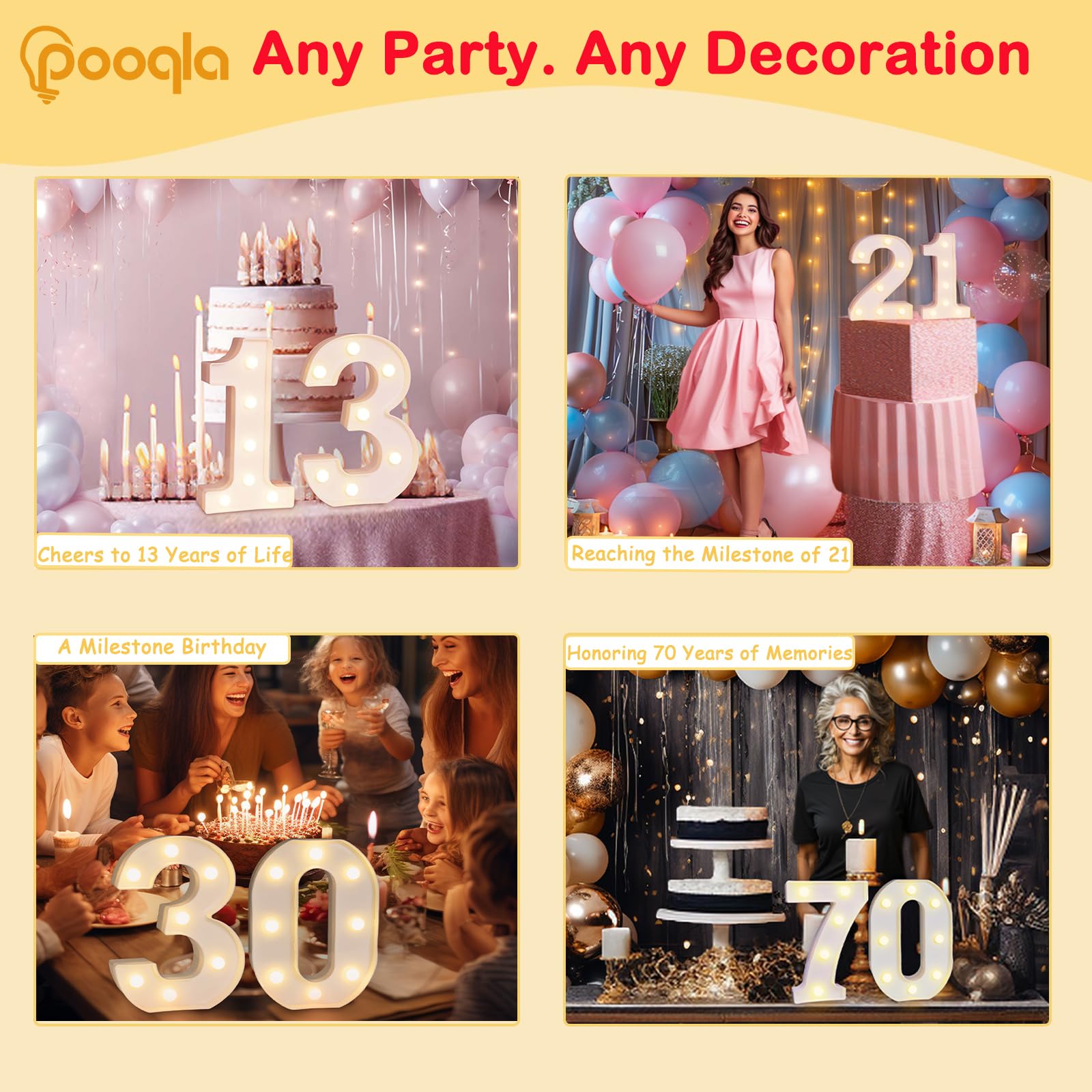 Pooqla mix-and-match numbers adapt to themes like anniversaries or milestones.