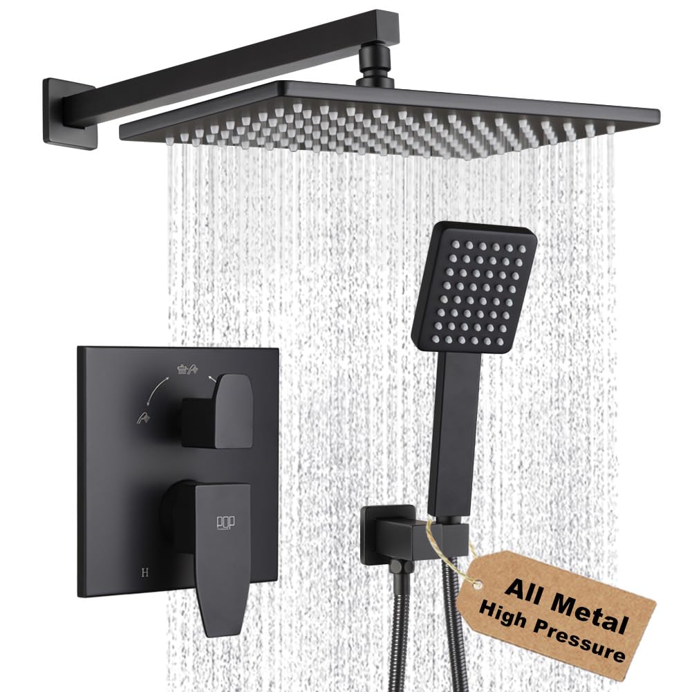 POP SANITARYWARE matte black shower head 12-inch; high-pressure rainfall with water efficiency.