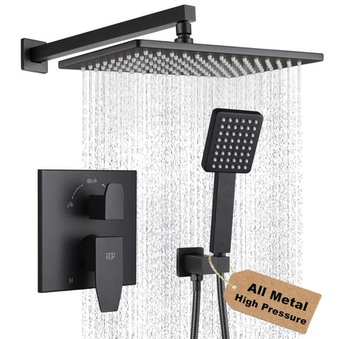 POP SANITARYWARE matte black shower head 12-inch; high-pressure rainfall with water efficiency.