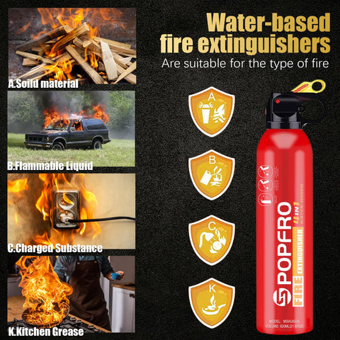 POPFRO extinguisher shows extended spray distance for rapid response.