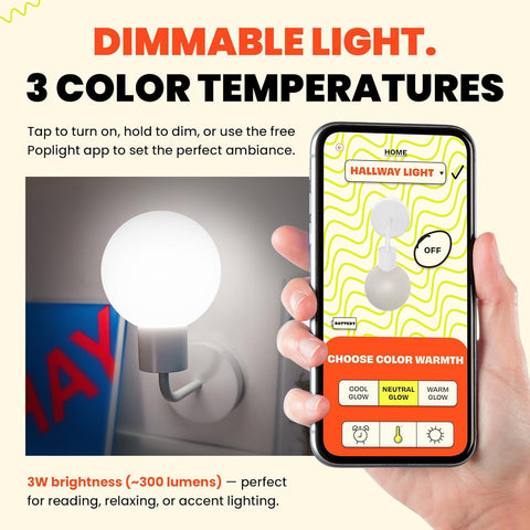 Poplight app control interface enabling dimming and timers.