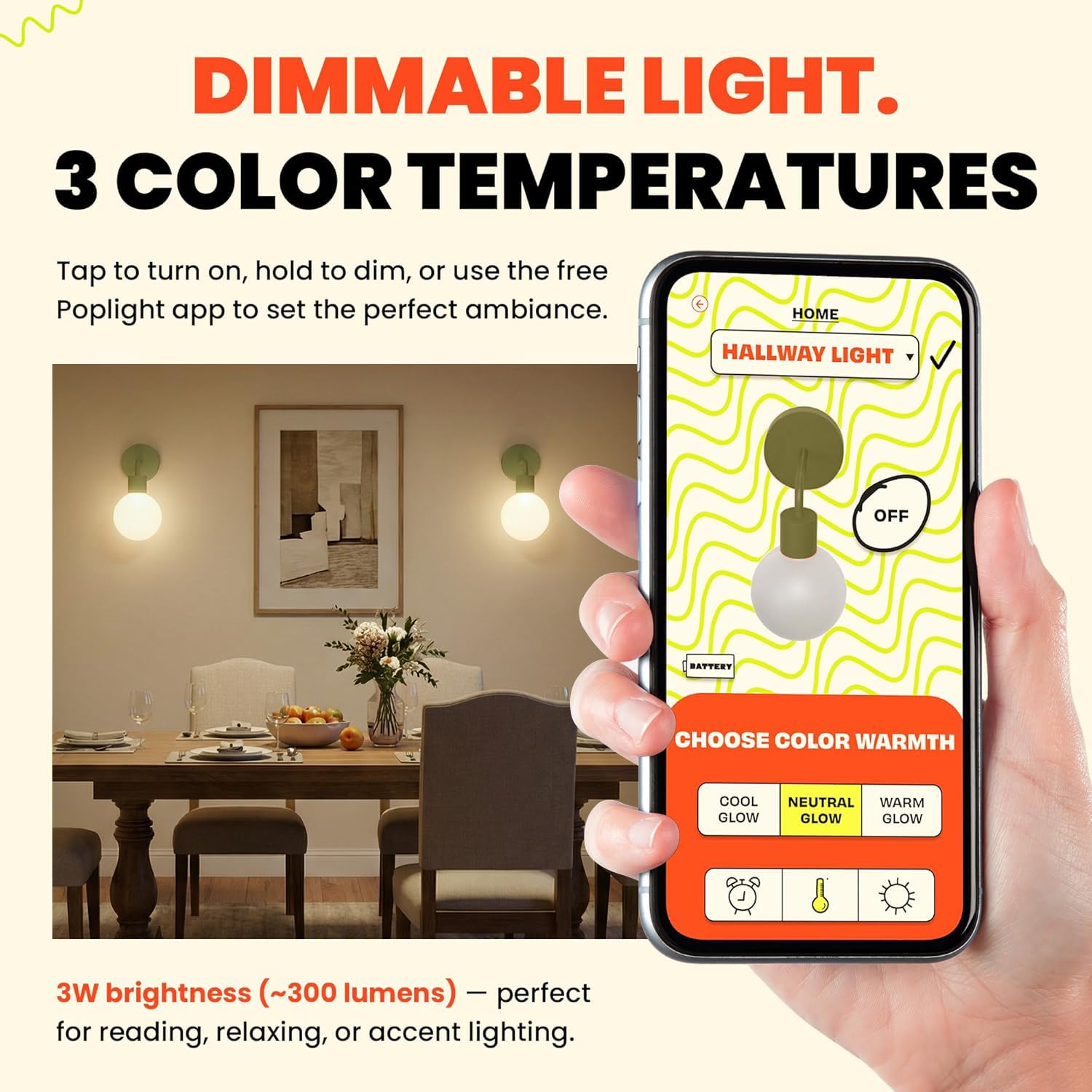 Poplight app-controlled dimming for customizable brightness and mood