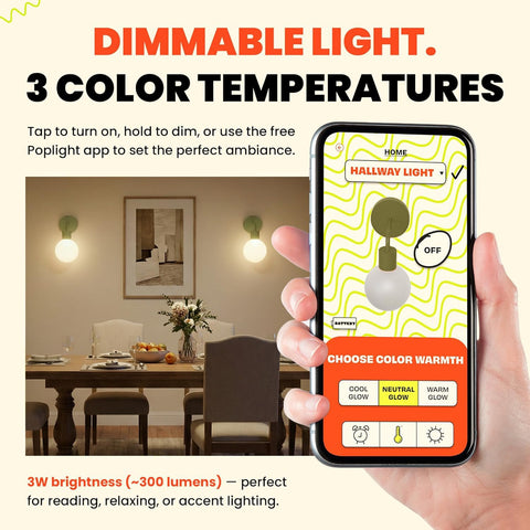 Poplight app-controlled dimming for customizable brightness and mood