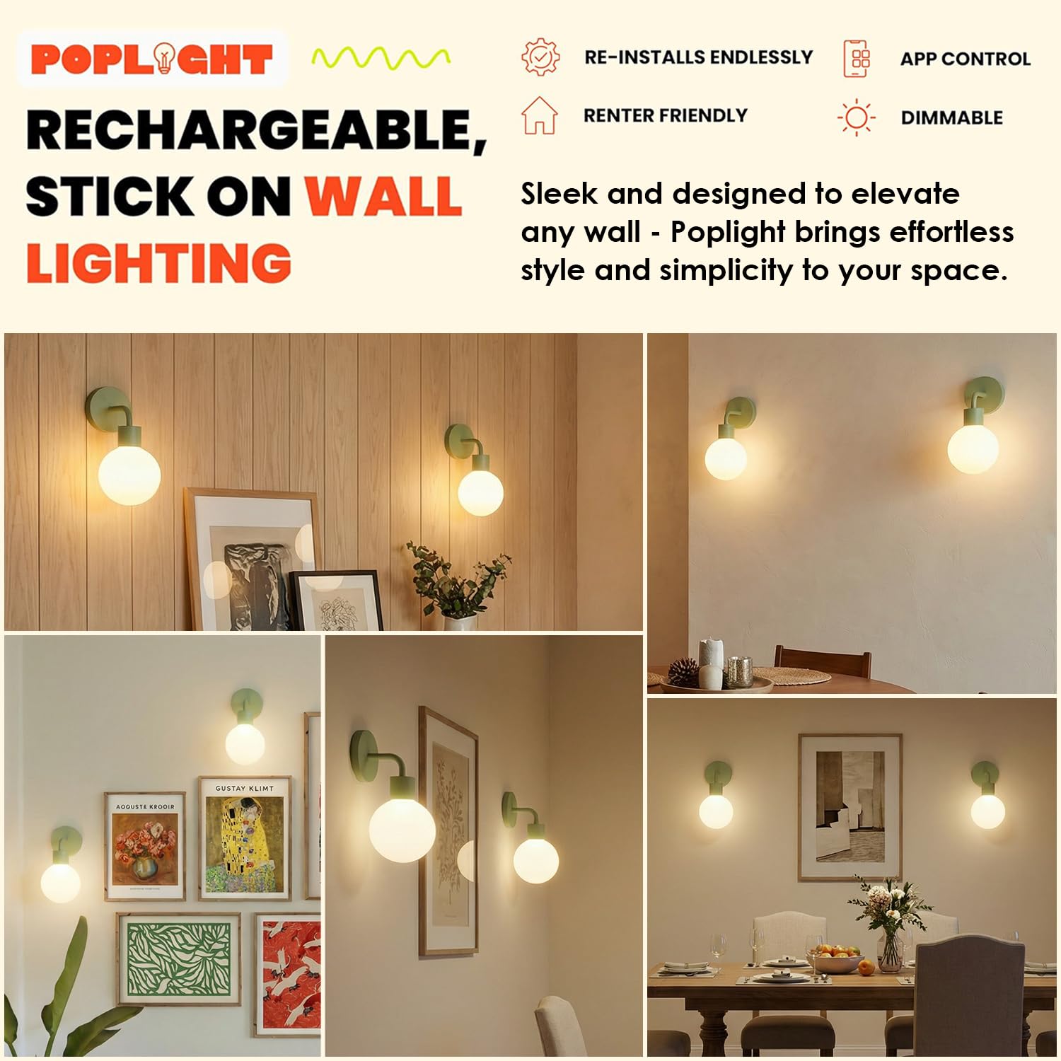 Poplight damage-free stick-on install enables renter-friendly wall lighting