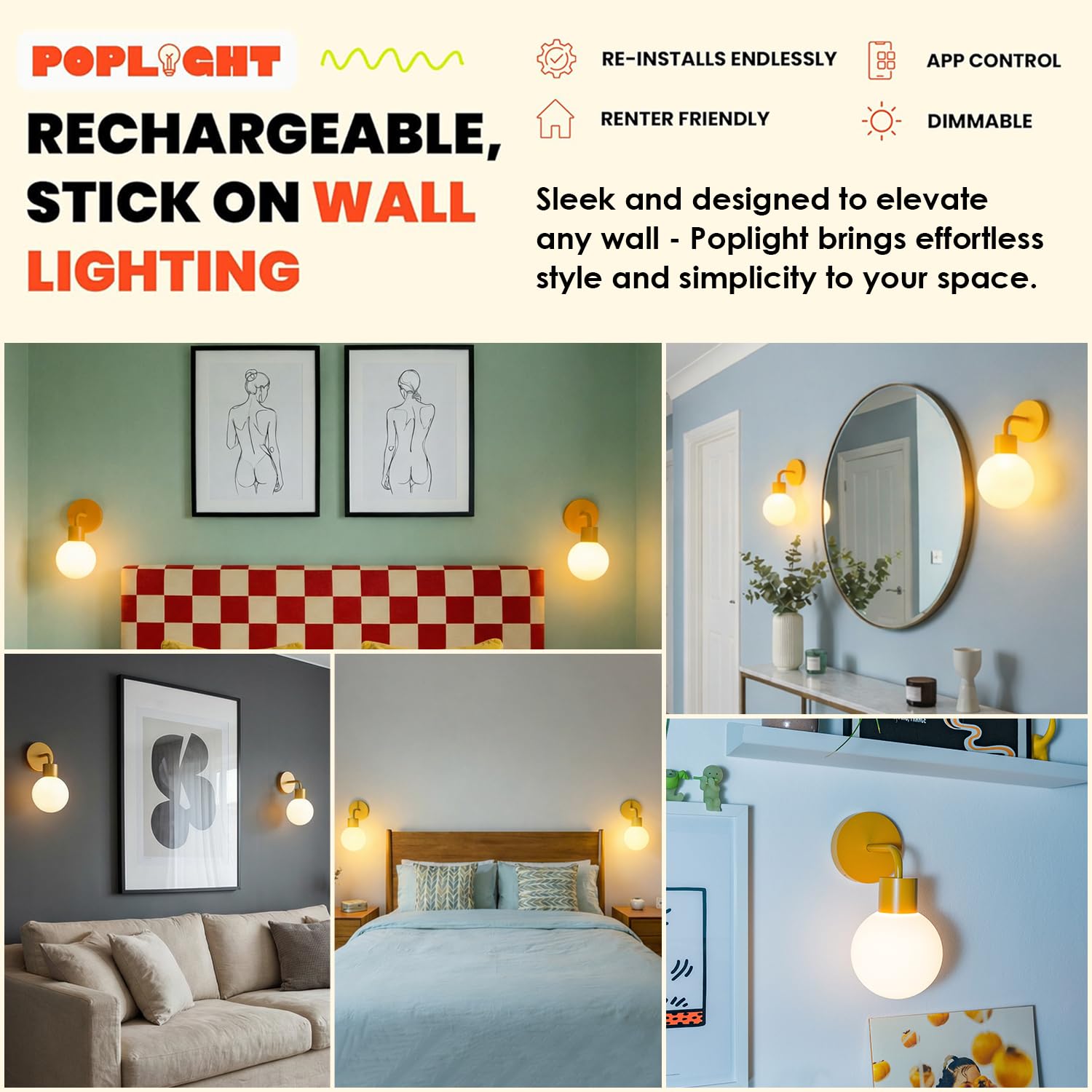 Poplight dimmable LED wall sconce with app control for personalized brightness