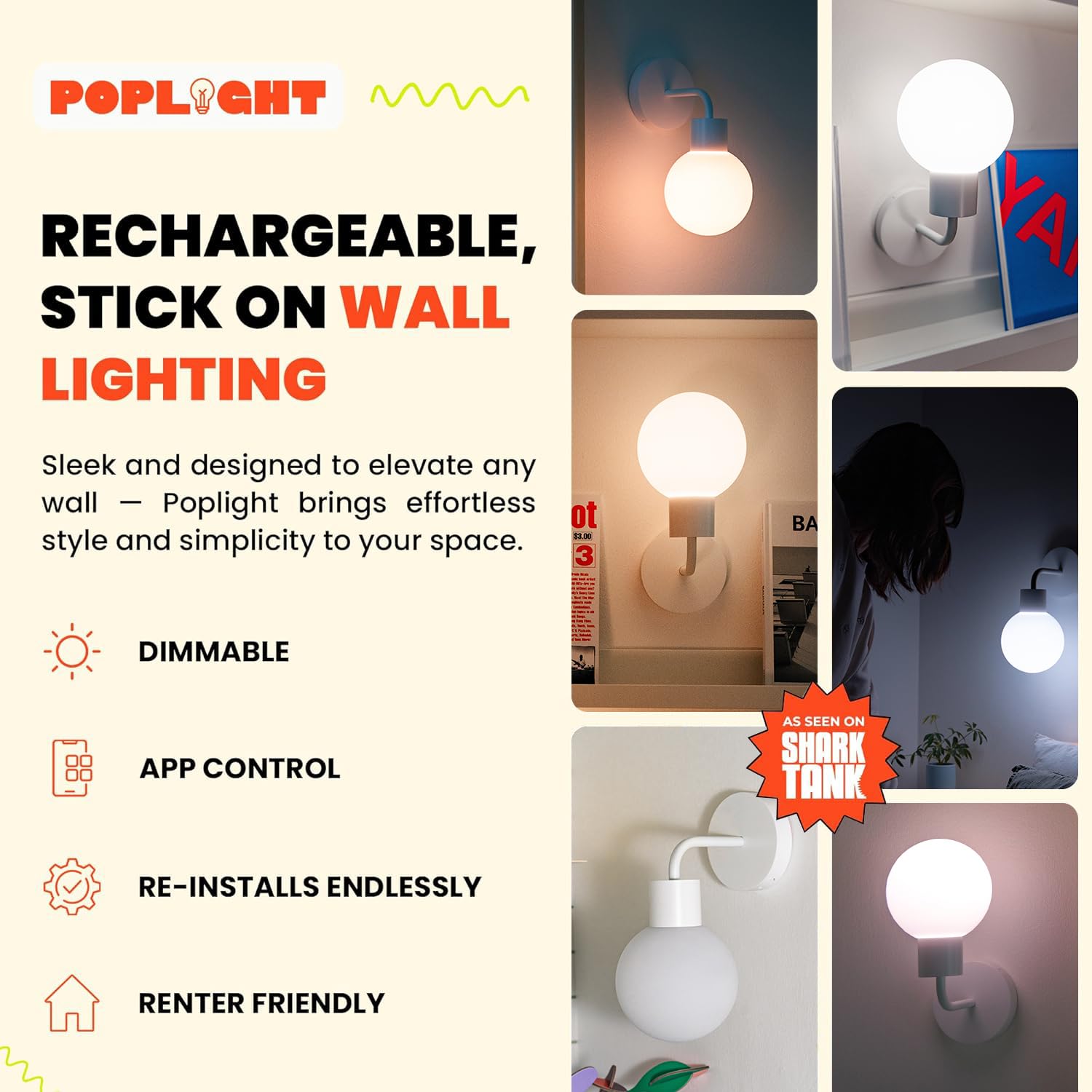 Poplight stick-on wall sconce demonstrates damage-free installation for renters.