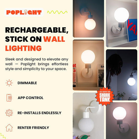 Poplight stick-on wall sconce demonstrates damage-free installation for renters.
