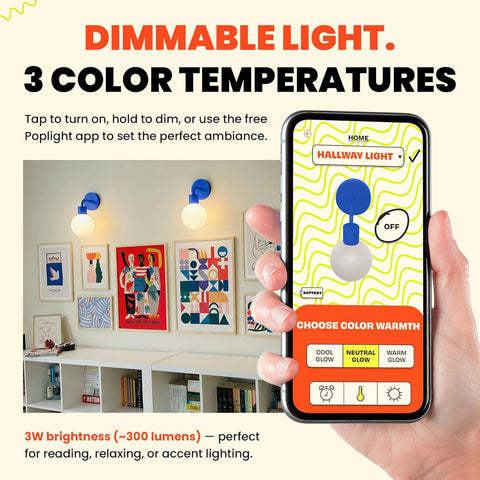 Poplight sconce blue adhesive mount for damage free installation