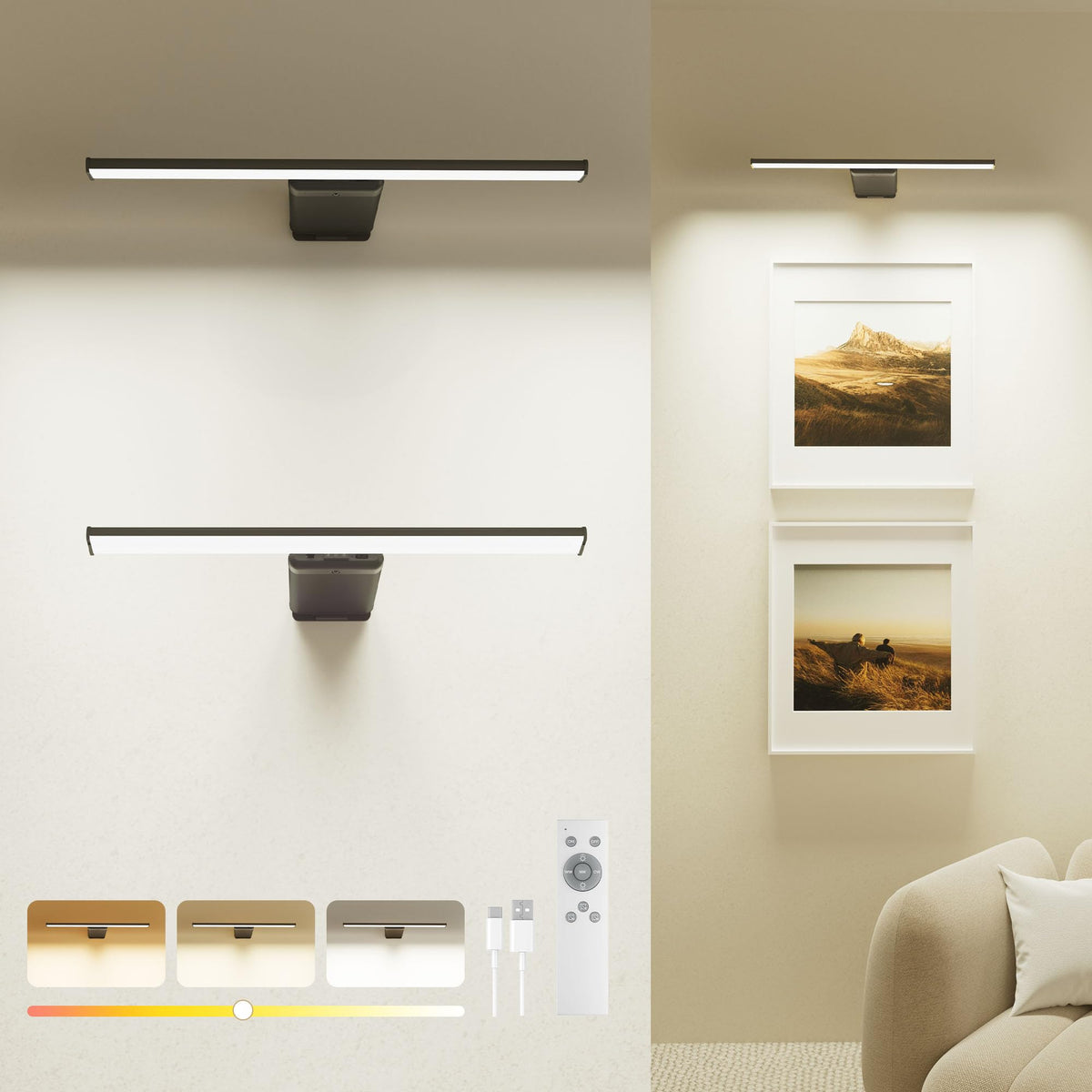 PopoIron 2-pack picture lights wall mounted for rechargeable convenience.