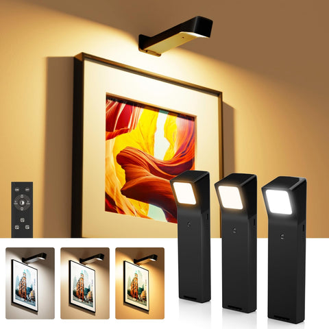 PopoIron 3-pack picture lights with remote for cordless wall art illumination.