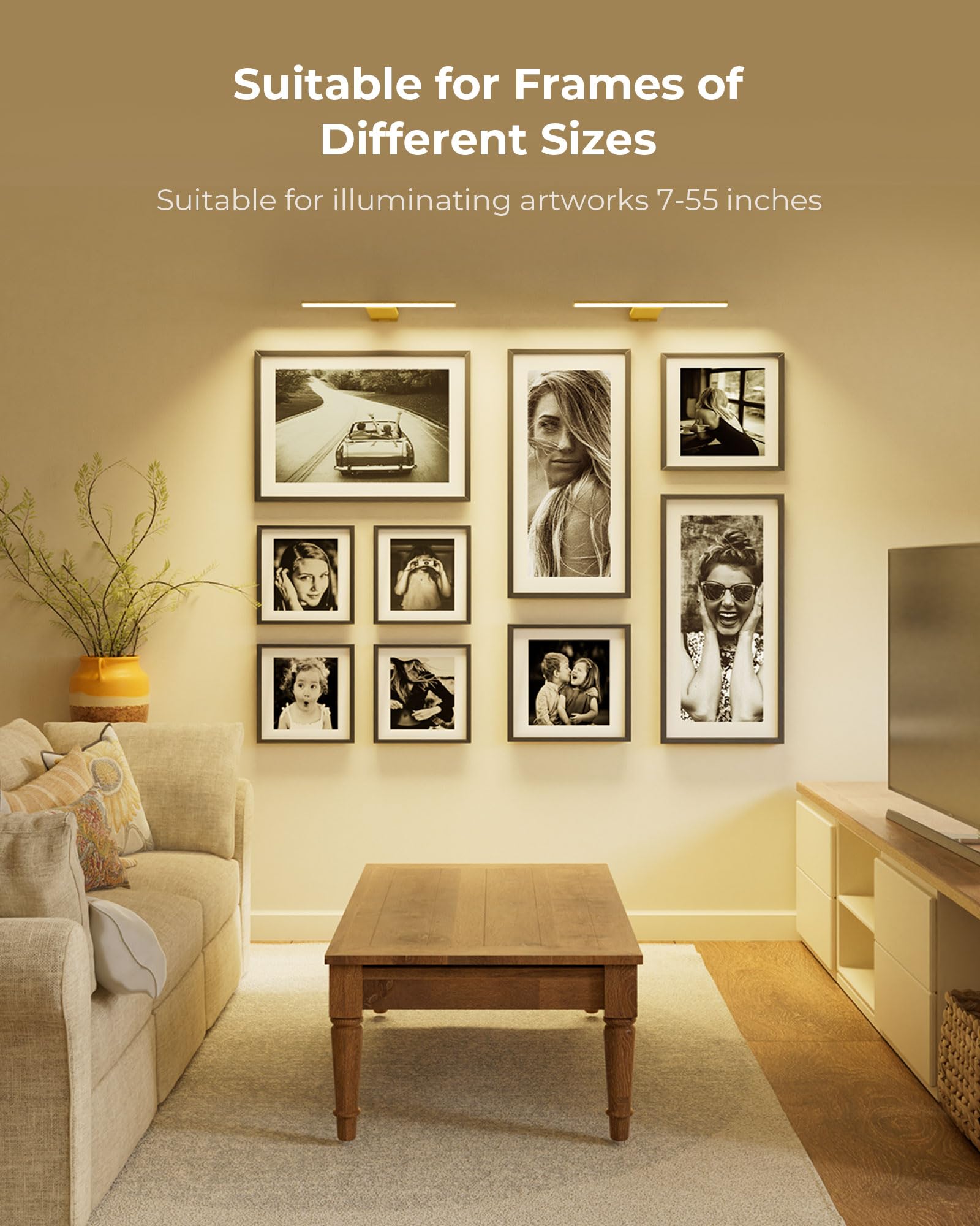 PopoIron gold-finish art light enhances living room decor
