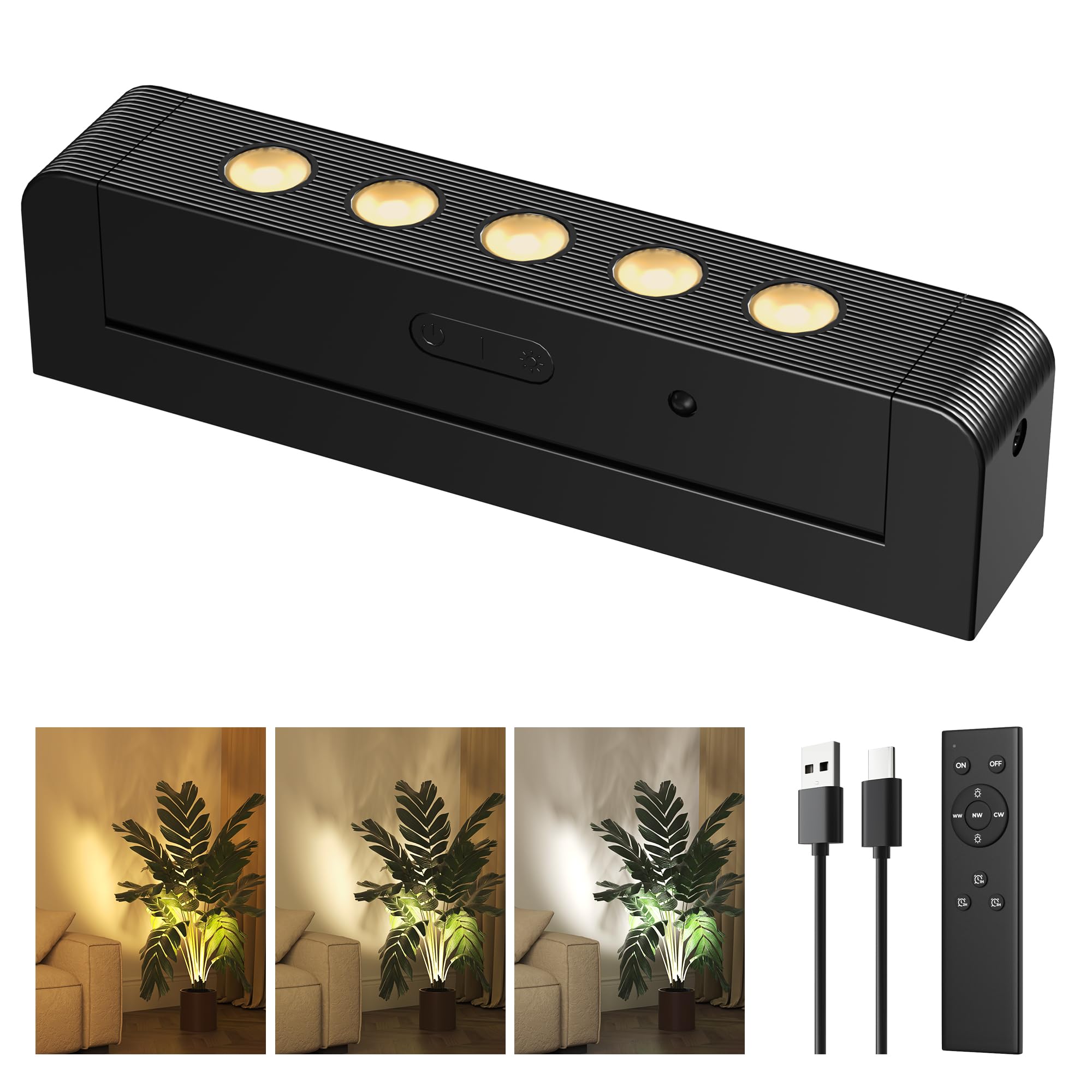 PopoIron LED spotlight highlighting wall art with cordless placement.