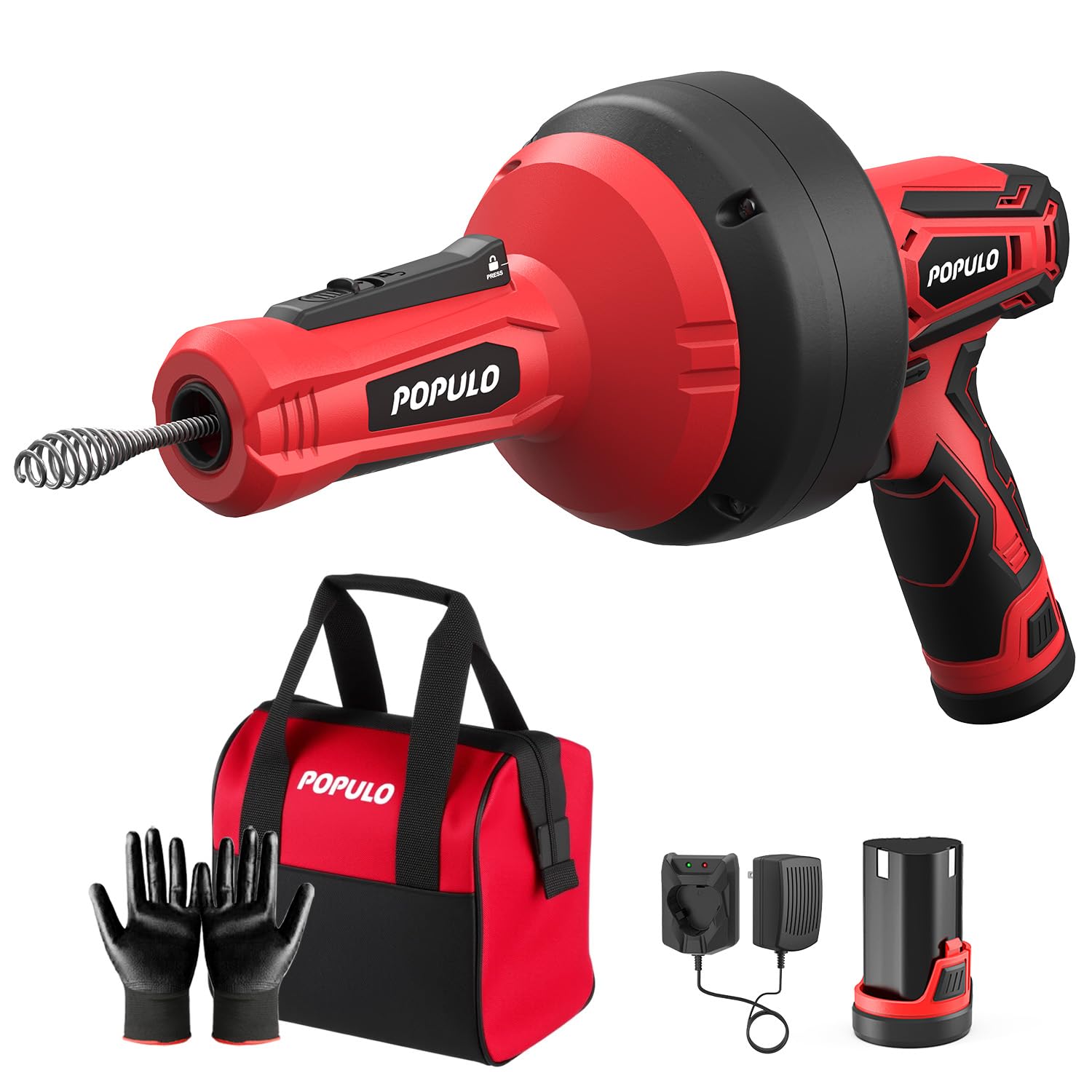 POPULO 12V cordless drain auger in use clearing a sink drain