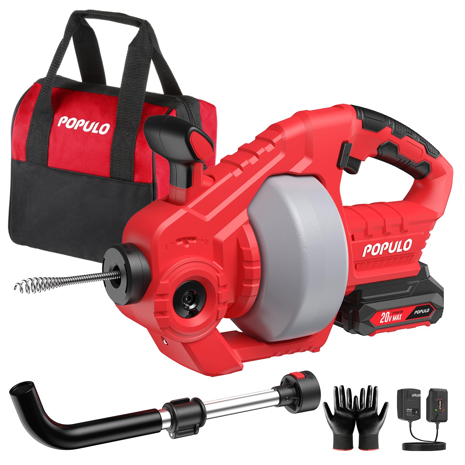 POPULO 20V drain snake base unit for quick cordless clog removal.