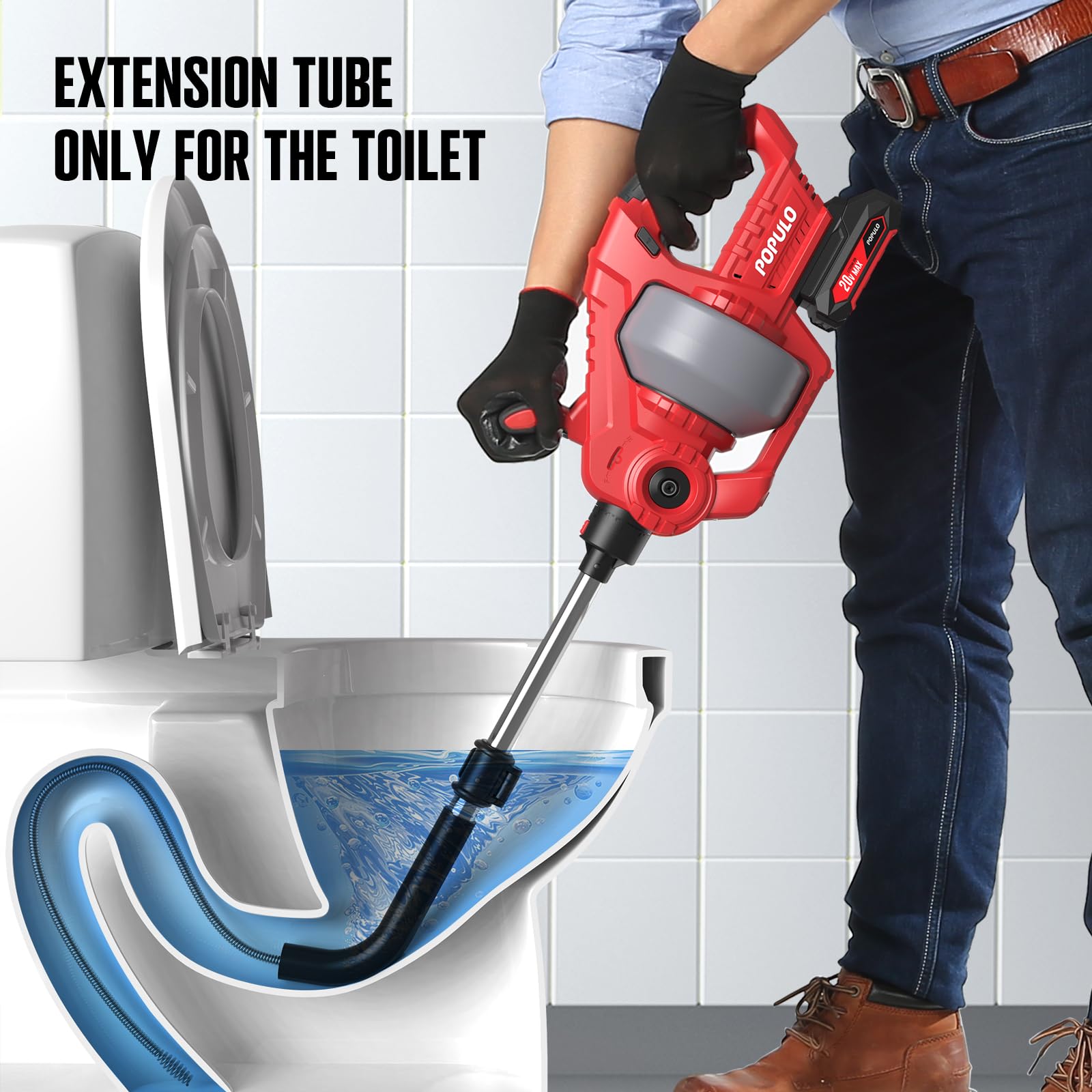 POPULO cordless drain snake in action unclogs sinks and showers.